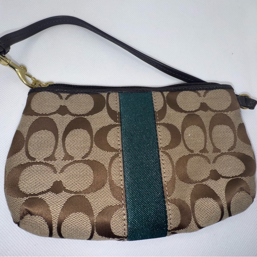 Coach Tan and Green Clutch with Signature Design